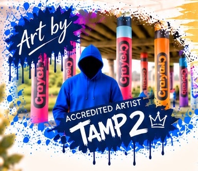 Art by accredited artist Tamp2: a figure in a blue hoodie standing among giant crayons.